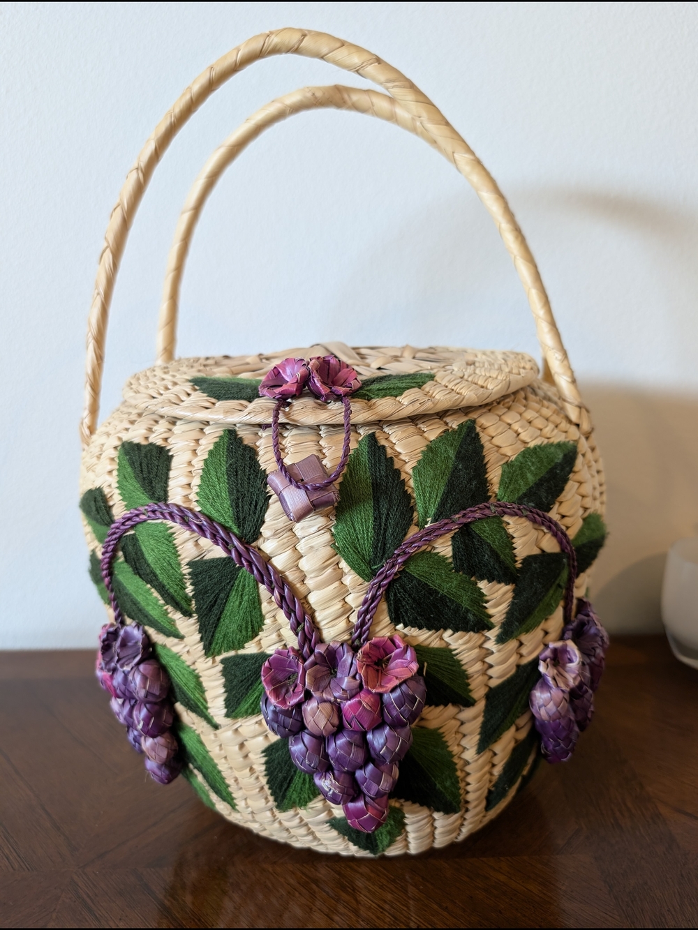 Vintage Handwoven Straw Basket Purse With Grapes And Embroidery